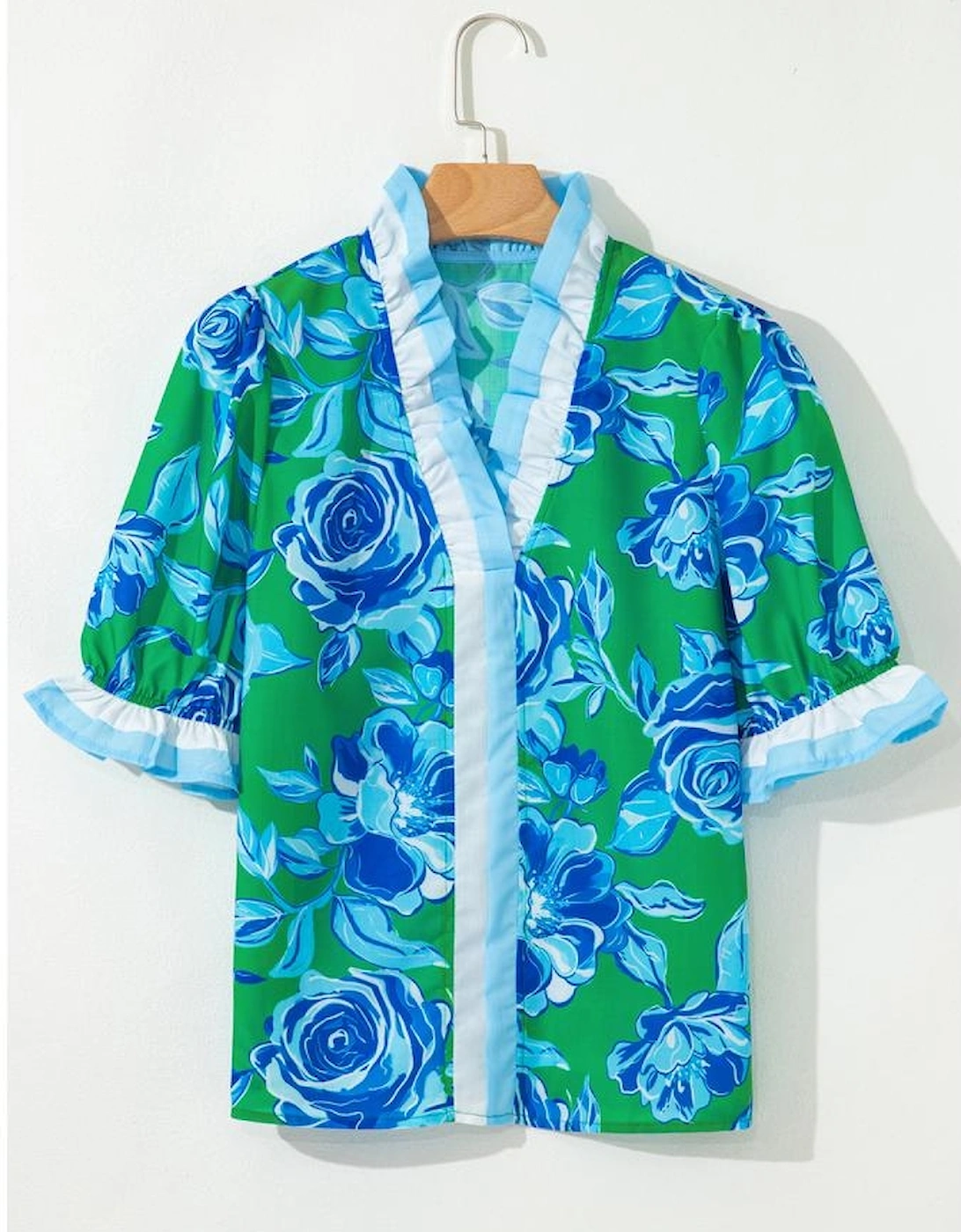 Bright Green Floral Frilled V Neck Short Sleeve Blouse Top