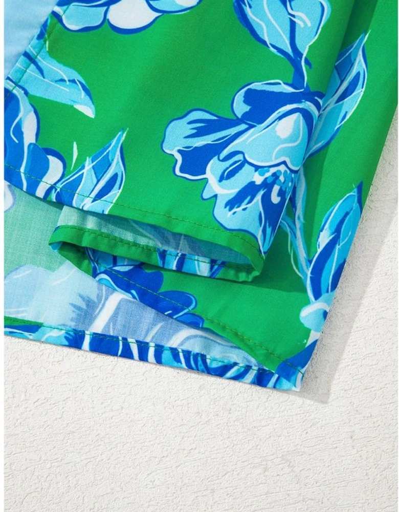 Bright Green Floral Frilled V Neck Short Sleeve Blouse Top