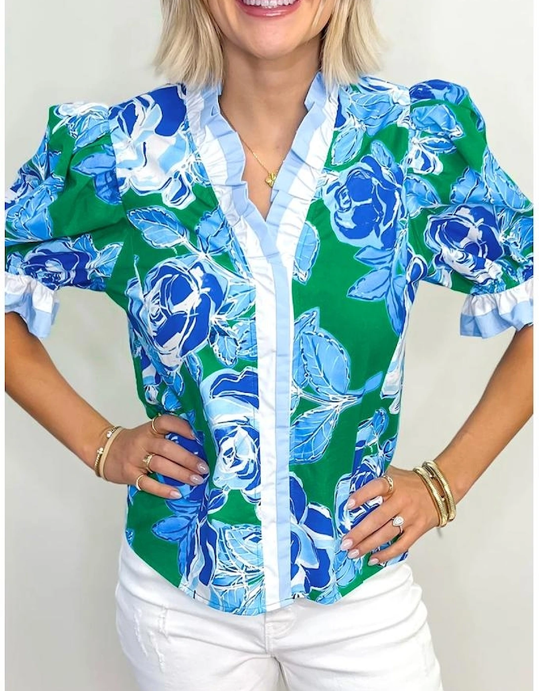 Bright Green Floral Frilled V Neck Short Sleeve Blouse Top