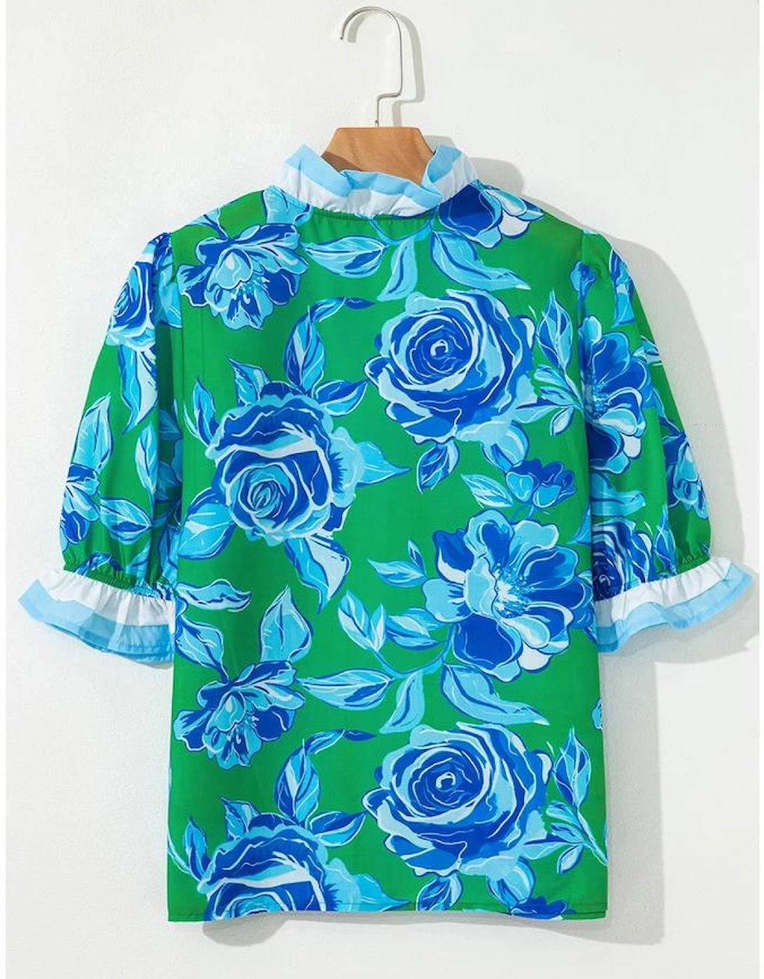 Bright Green Floral Frilled V Neck Short Sleeve Blouse Top