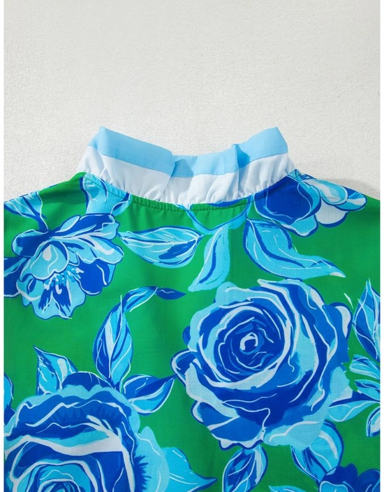 Bright Green Floral Frilled V Neck Short Sleeve Blouse Top