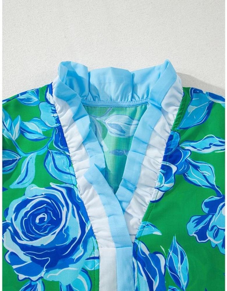 Bright Green Floral Frilled V Neck Short Sleeve Blouse Top