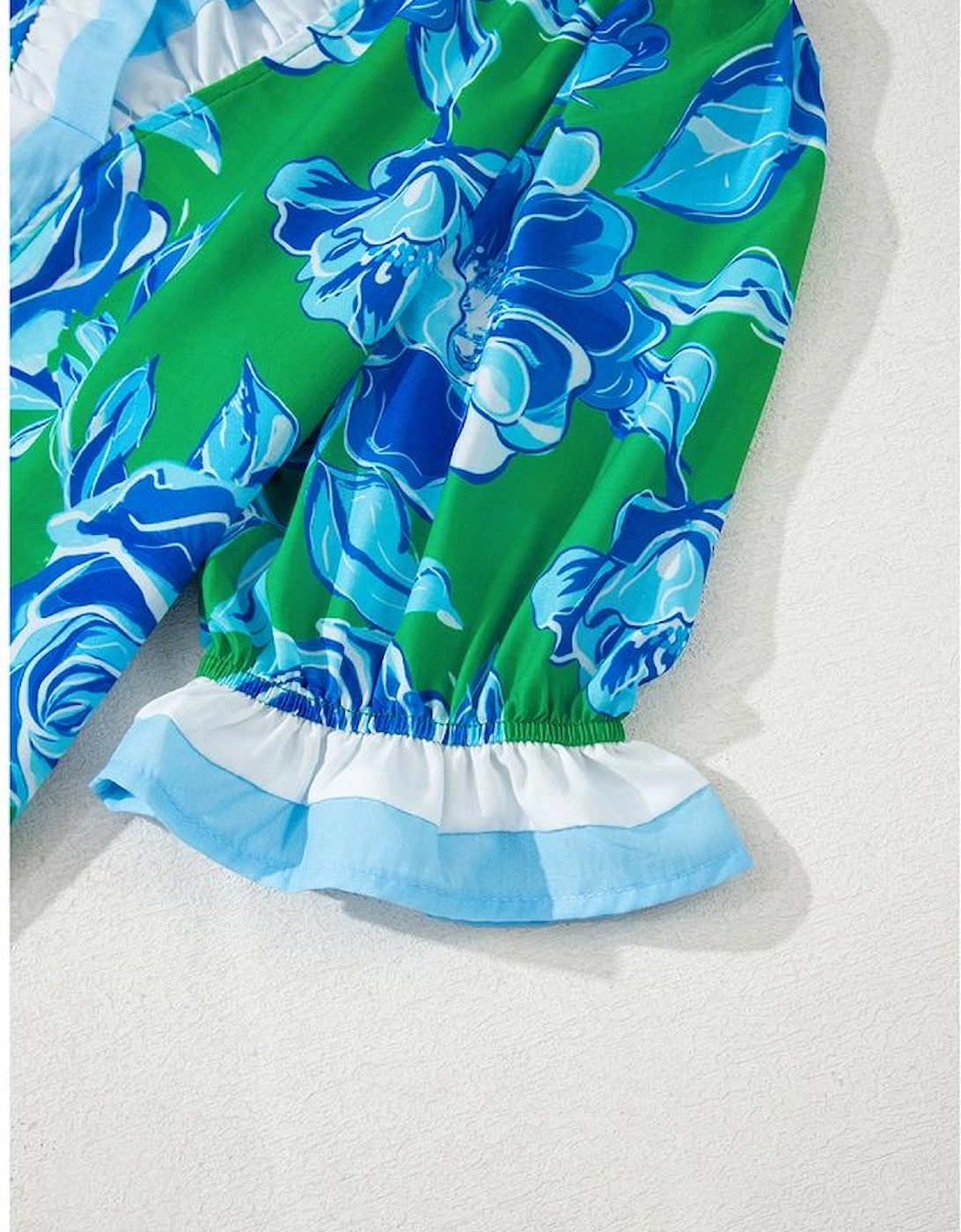 Bright Green Floral Frilled V Neck Short Sleeve Blouse Top