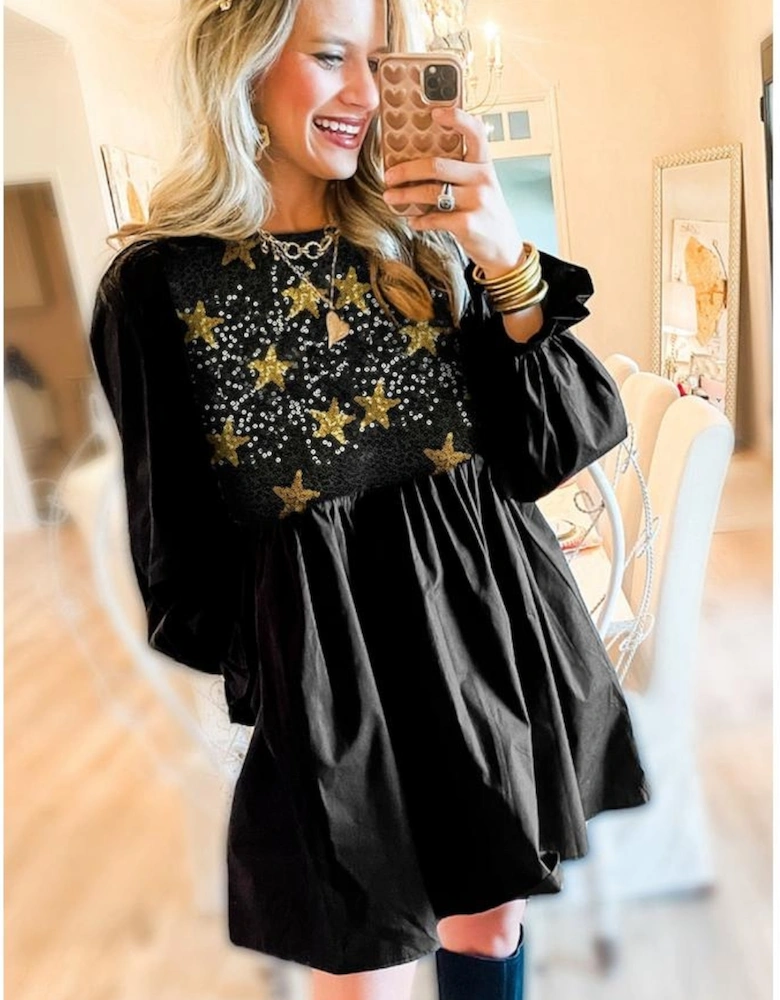 Black Sequined Stars Flounce Sleeve Ruffled Babydoll Dress