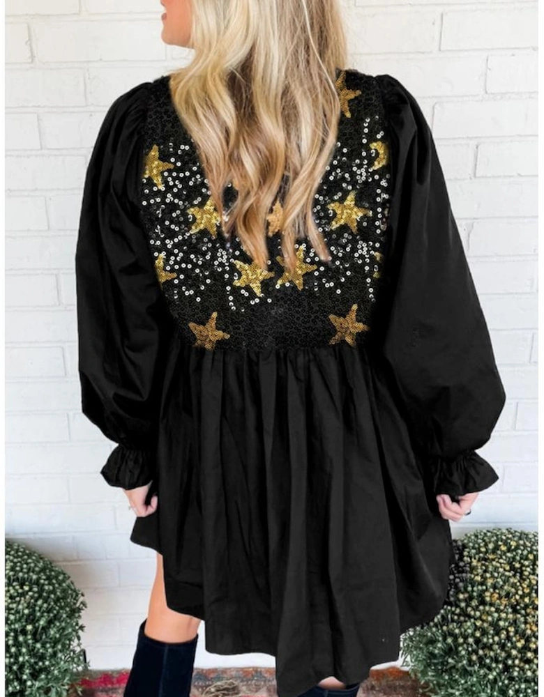 Black Sequined Stars Flounce Sleeve Ruffled Babydoll Dress