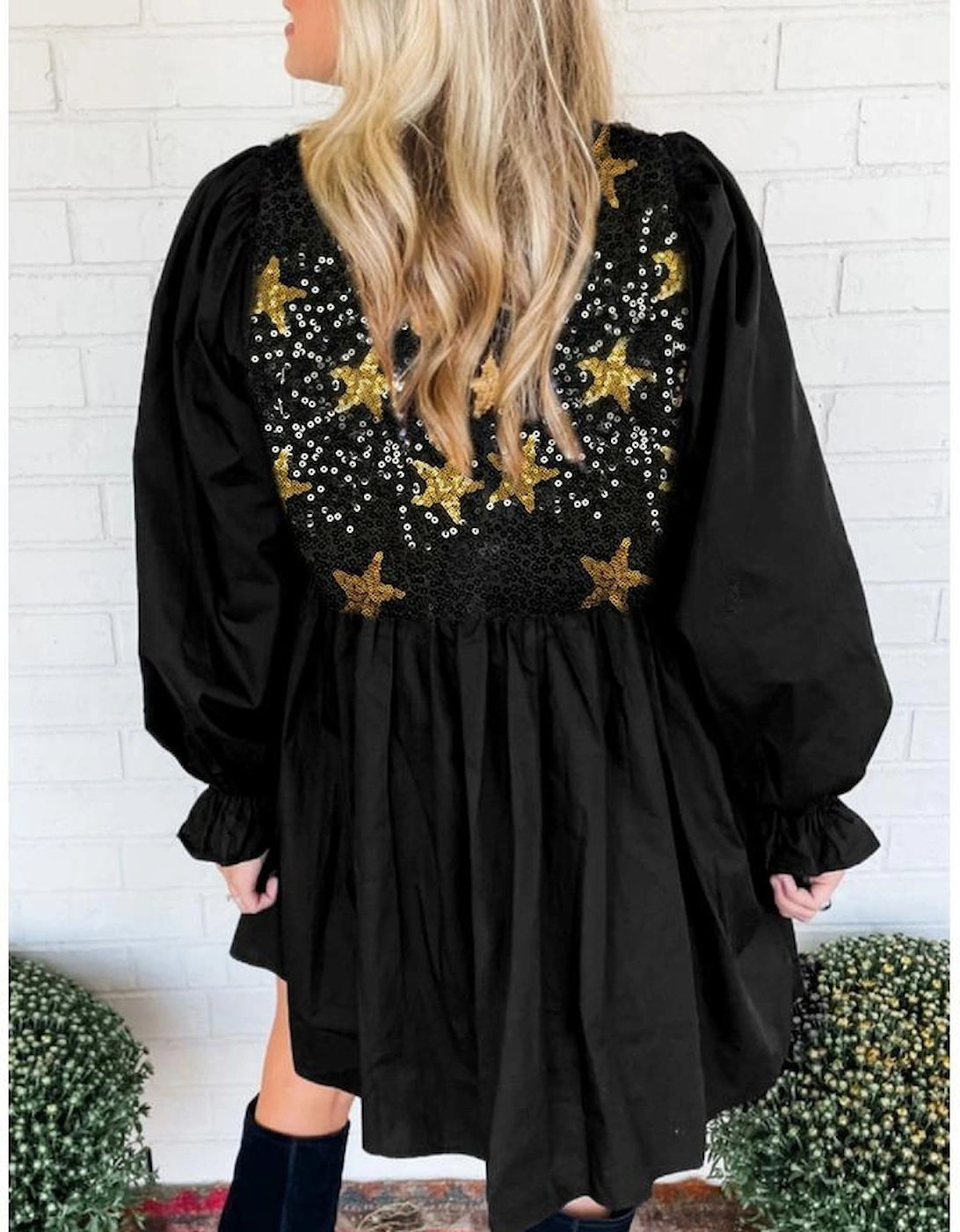 Black Sequined Stars Flounce Sleeve Ruffled Babydoll Dress, 4 of 3