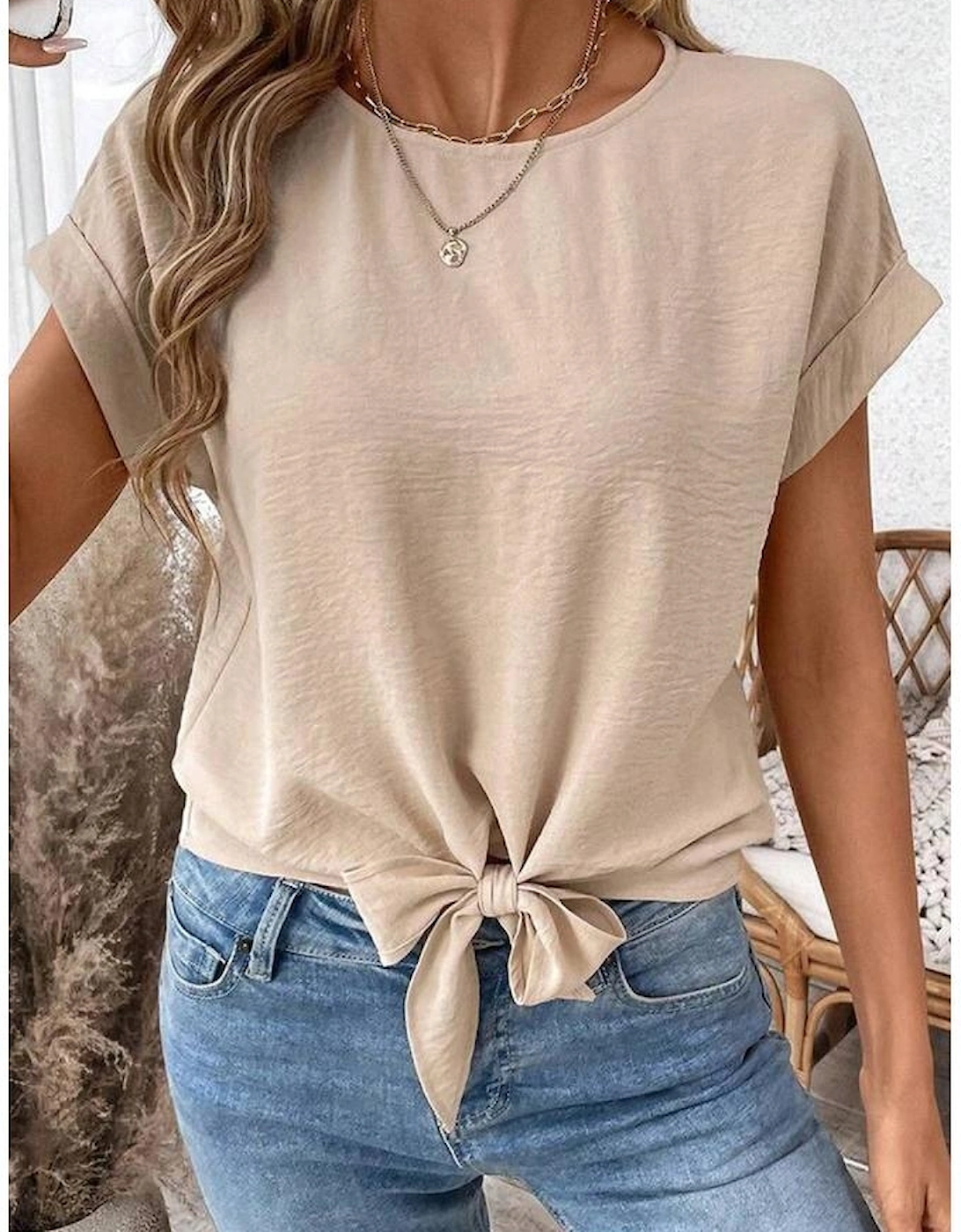 Parchment Solid Color Knotted Hem Short Sleeve Blouse