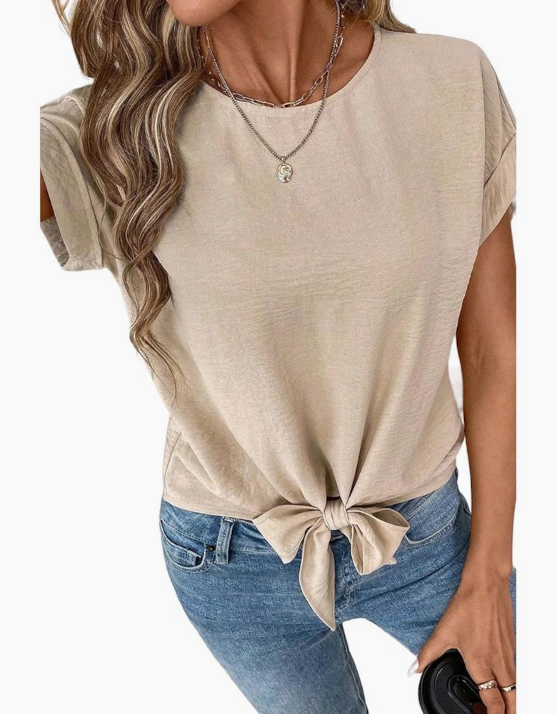 Parchment Solid Color Knotted Hem Short Sleeve Blouse