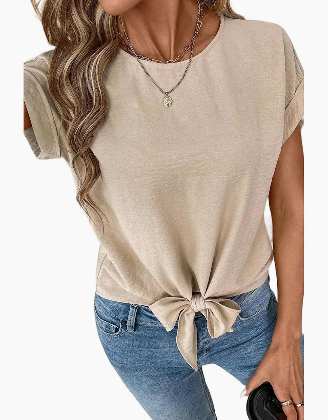 Parchment Solid Color Knotted Hem Short Sleeve Blouse