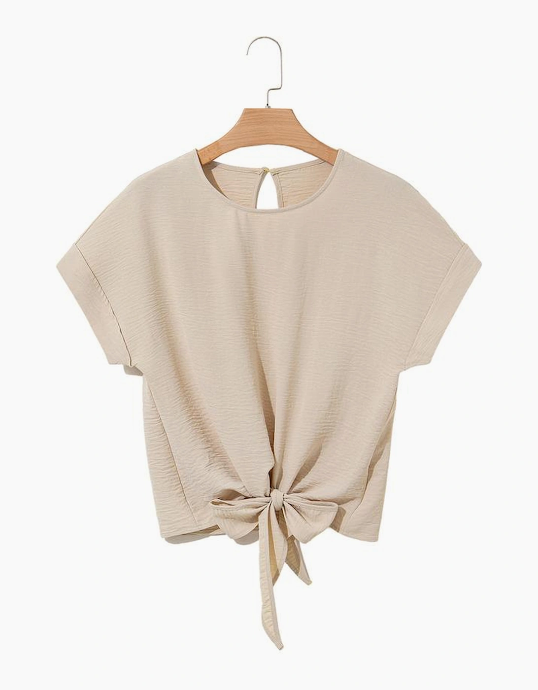 Parchment Solid Color Knotted Hem Short Sleeve Blouse