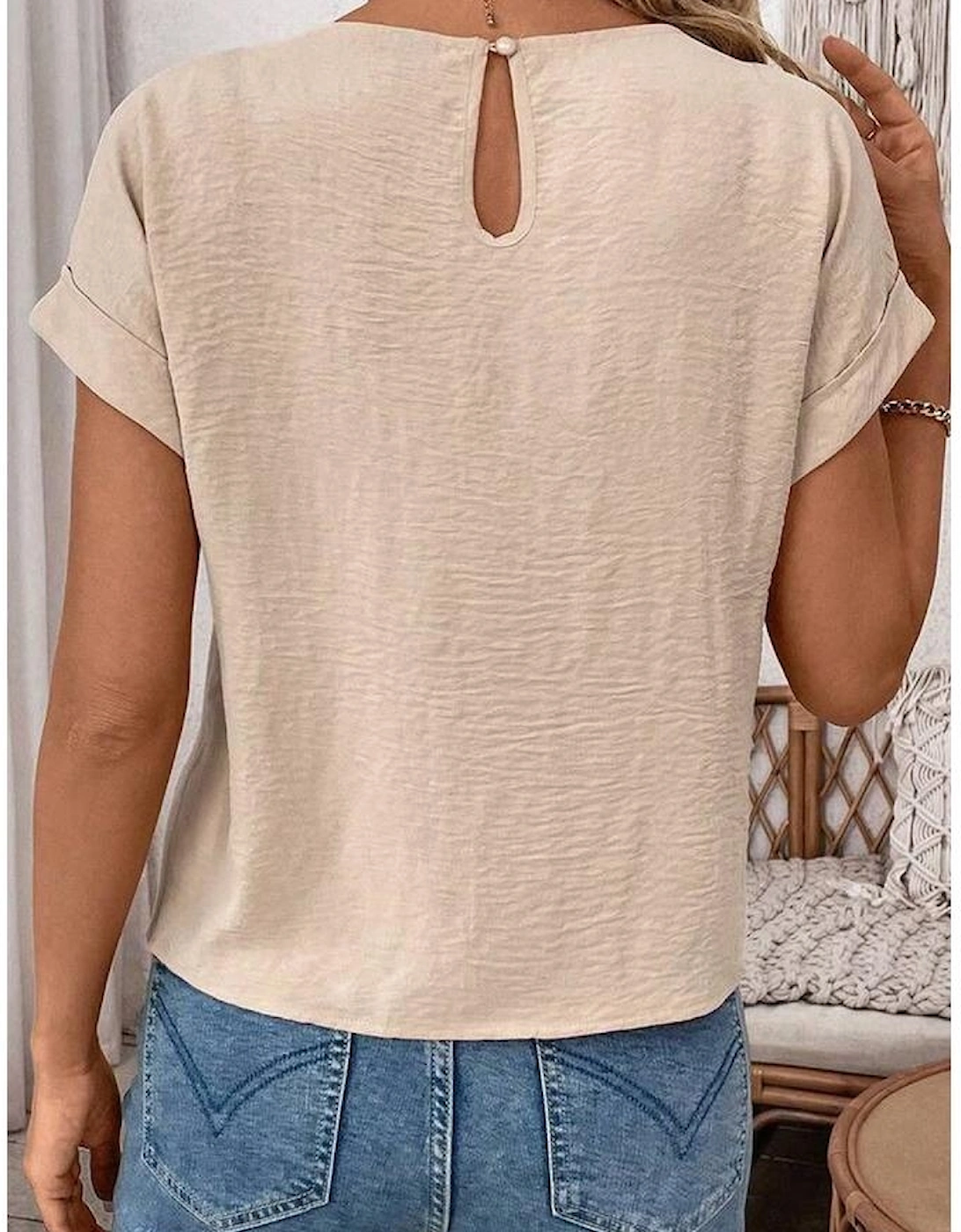 Parchment Solid Color Knotted Hem Short Sleeve Blouse, 16 of 15