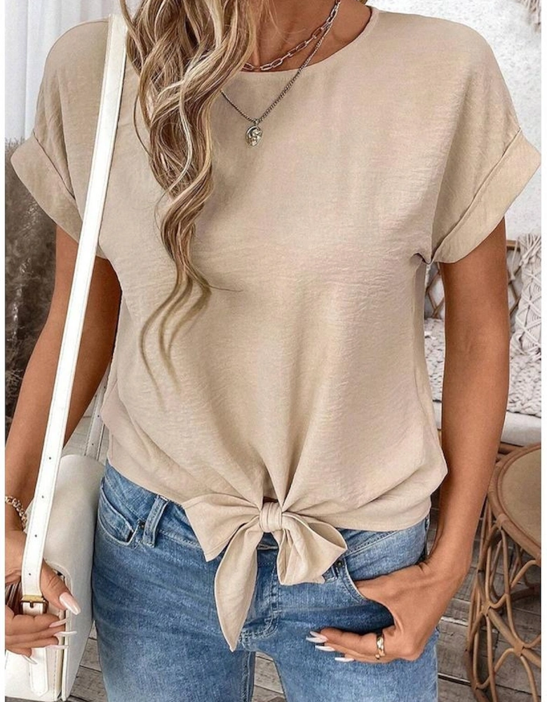 Parchment Solid Color Knotted Hem Short Sleeve Blouse
