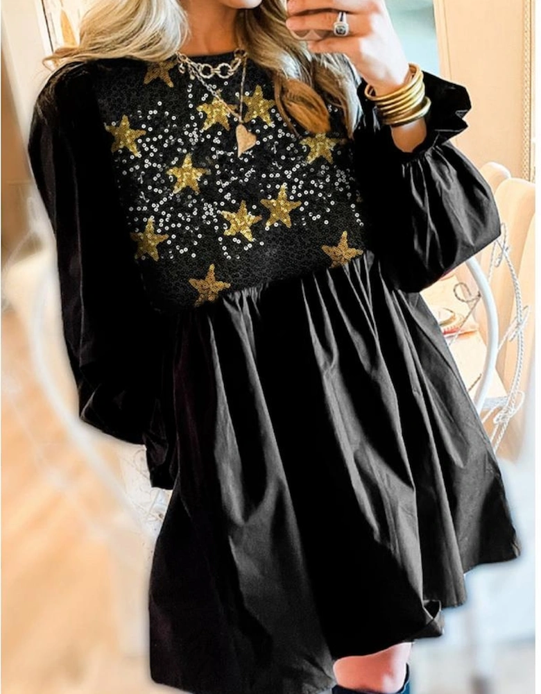 Black Sequined Stars Flounce Sleeve Ruffled Babydoll Dress
