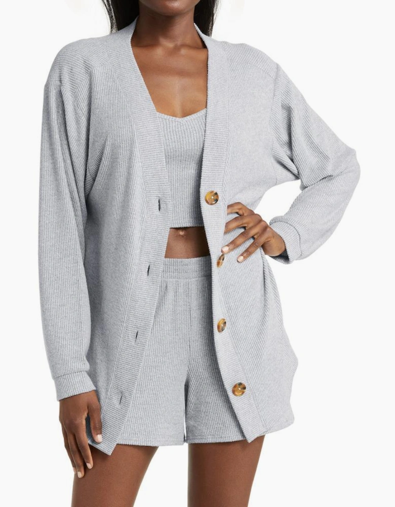 Light Grey 3 Pieces Rib Crop Camisole Matching Shorts Lounge Set with Cardigan