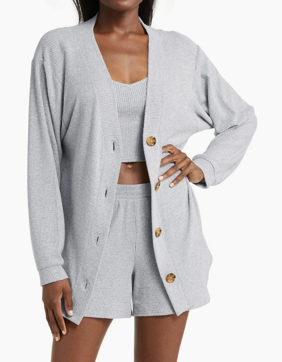 Light Grey 3 Pieces Rib Crop Camisole Matching Shorts Lounge Set with Cardigan