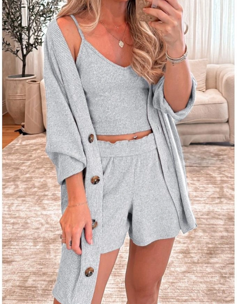 Light Grey 3 Pieces Rib Crop Camisole Matching Shorts Lounge Set with Cardigan