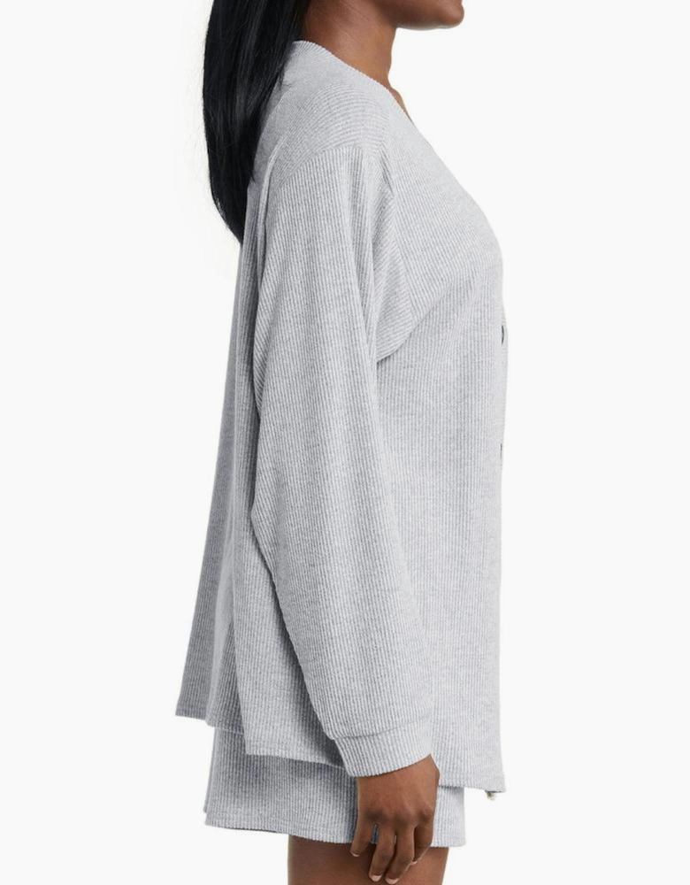 Light Grey 3 Pieces Rib Crop Camisole Matching Shorts Lounge Set with Cardigan