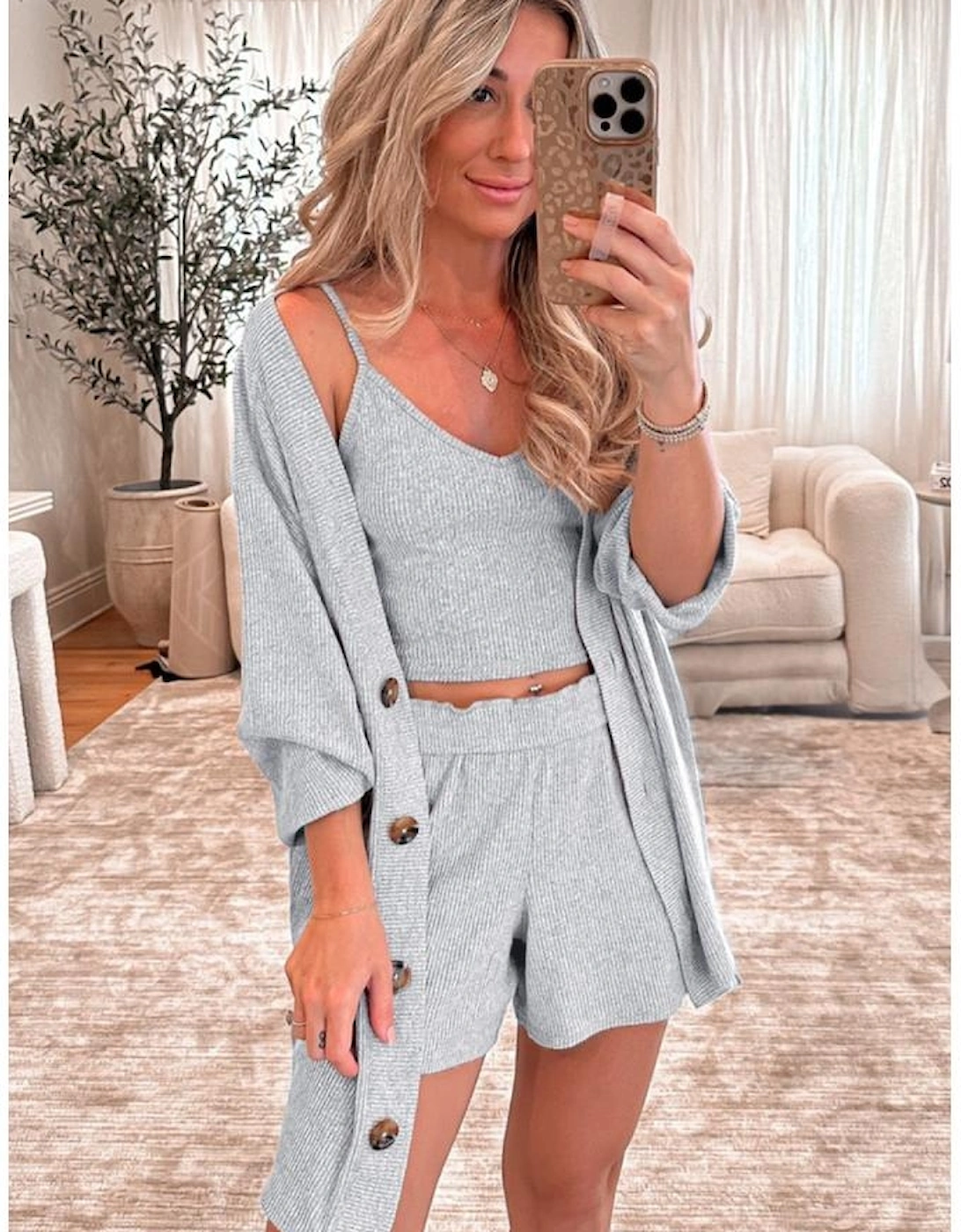 Light Grey 3 Pieces Rib Crop Camisole Matching Shorts Lounge Set with Cardigan