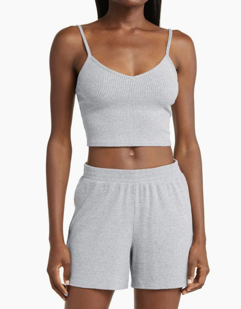 Light Grey 3 Pieces Rib Crop Camisole Matching Shorts Lounge Set with Cardigan