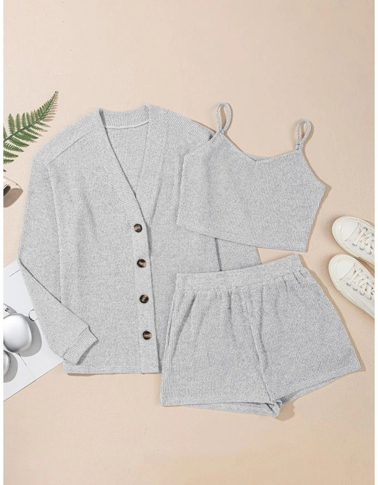 Light Grey 3 Pieces Rib Crop Camisole Matching Shorts Lounge Set with Cardigan