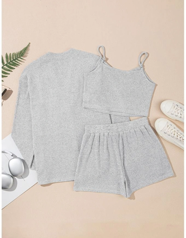 Light Grey 3 Pieces Rib Crop Camisole Matching Shorts Lounge Set with Cardigan
