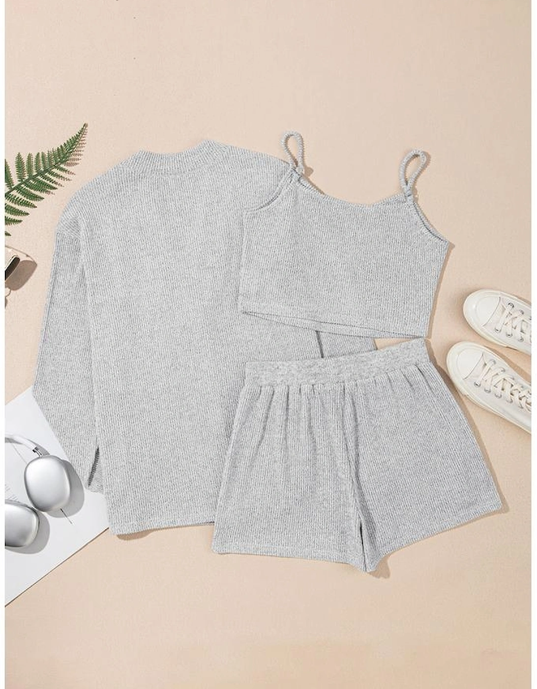 Light Grey 3 Pieces Rib Crop Camisole Matching Shorts Lounge Set with Cardigan
