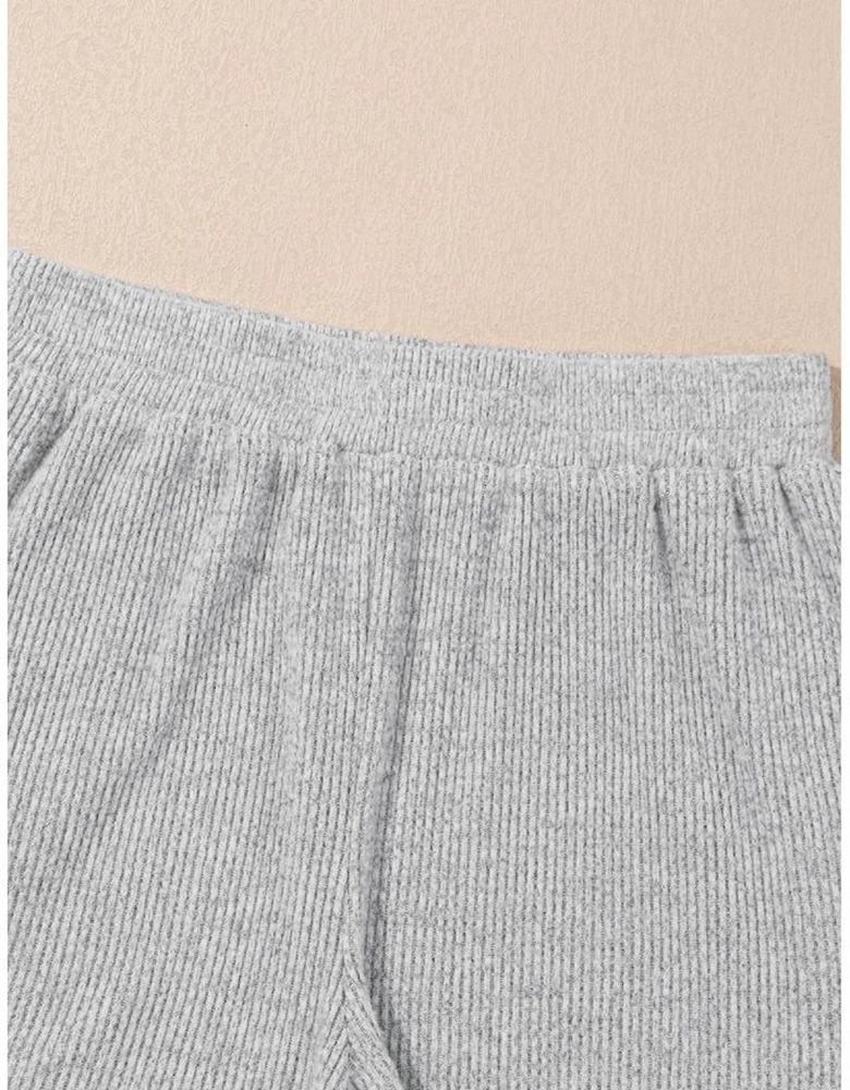 Light Grey 3 Pieces Rib Crop Camisole Matching Shorts Lounge Set with Cardigan