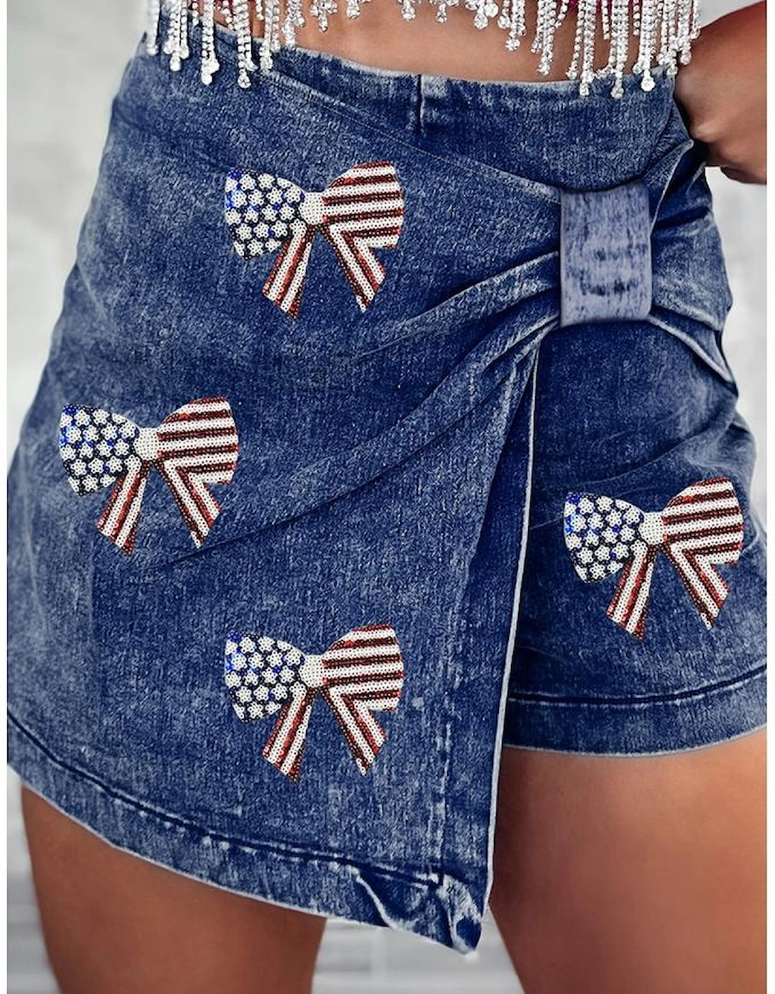 Sail Blue High Waist USA Flag Inspire Bow Patched Twisted Denim Skort