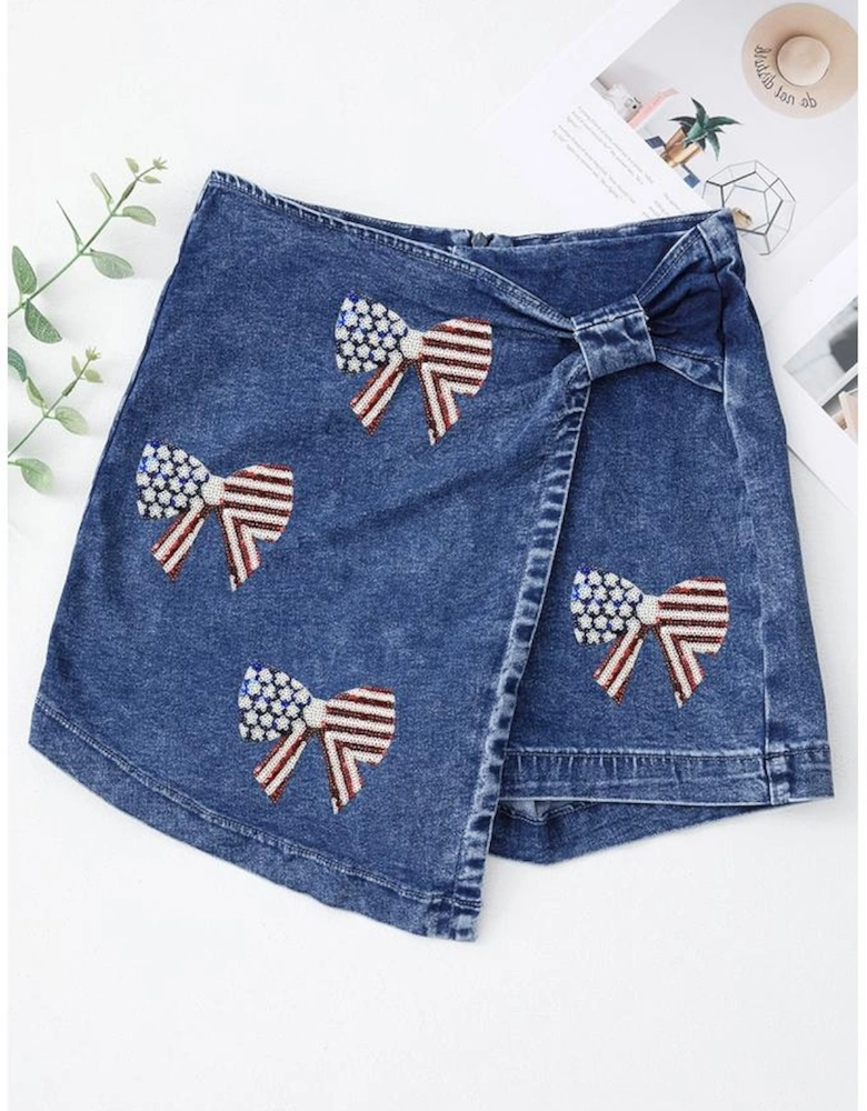 Sail Blue High Waist USA Flag Inspire Bow Patched Twisted Denim Skort