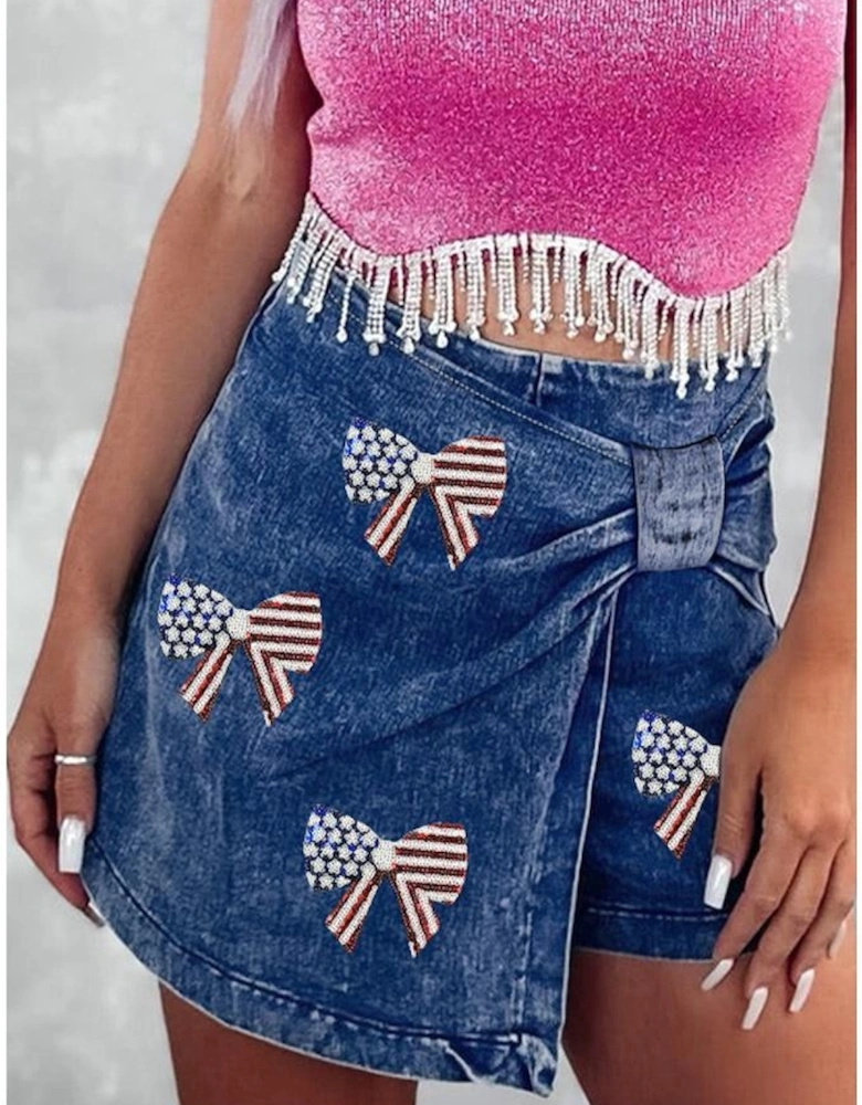 Sail Blue High Waist USA Flag Inspire Bow Patched Twisted Denim Skort