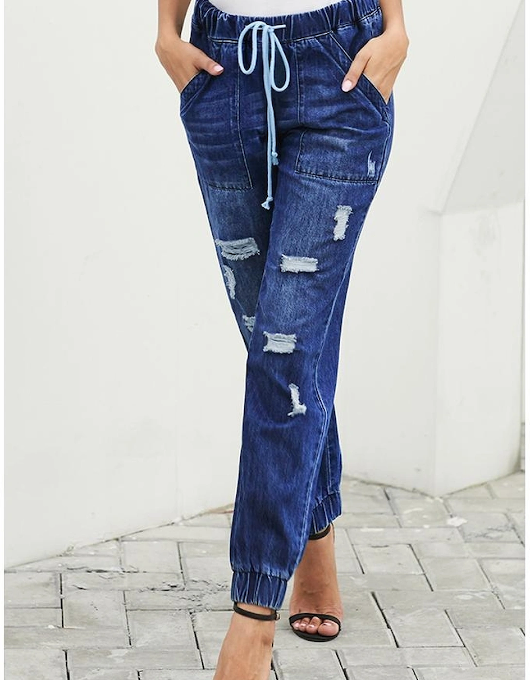 Blue Distress Drawstring Pocketed Joggers, 8 of 7