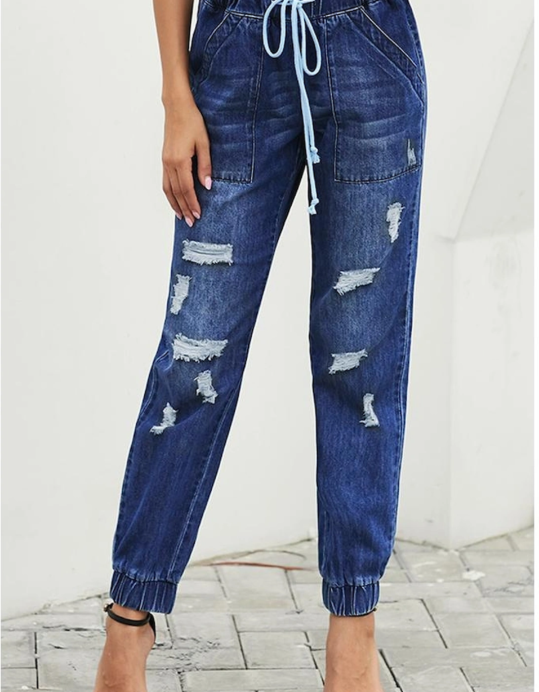 Blue Distress Drawstring Pocketed Joggers