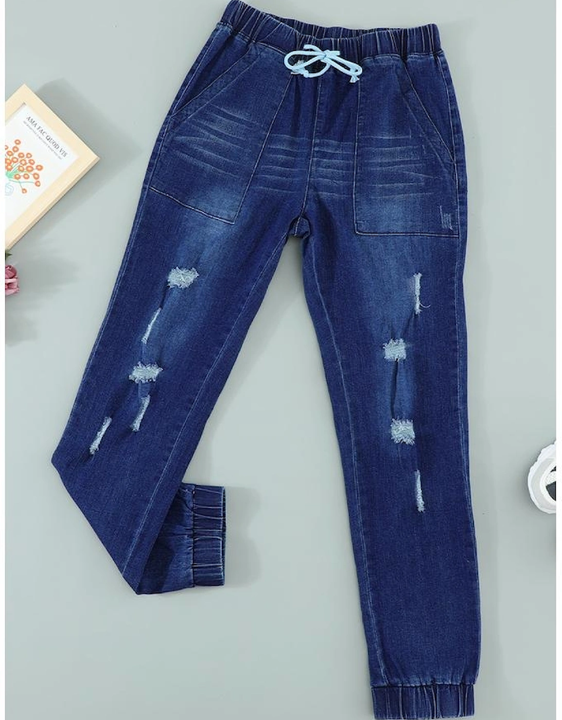 Blue Distress Drawstring Pocketed Joggers
