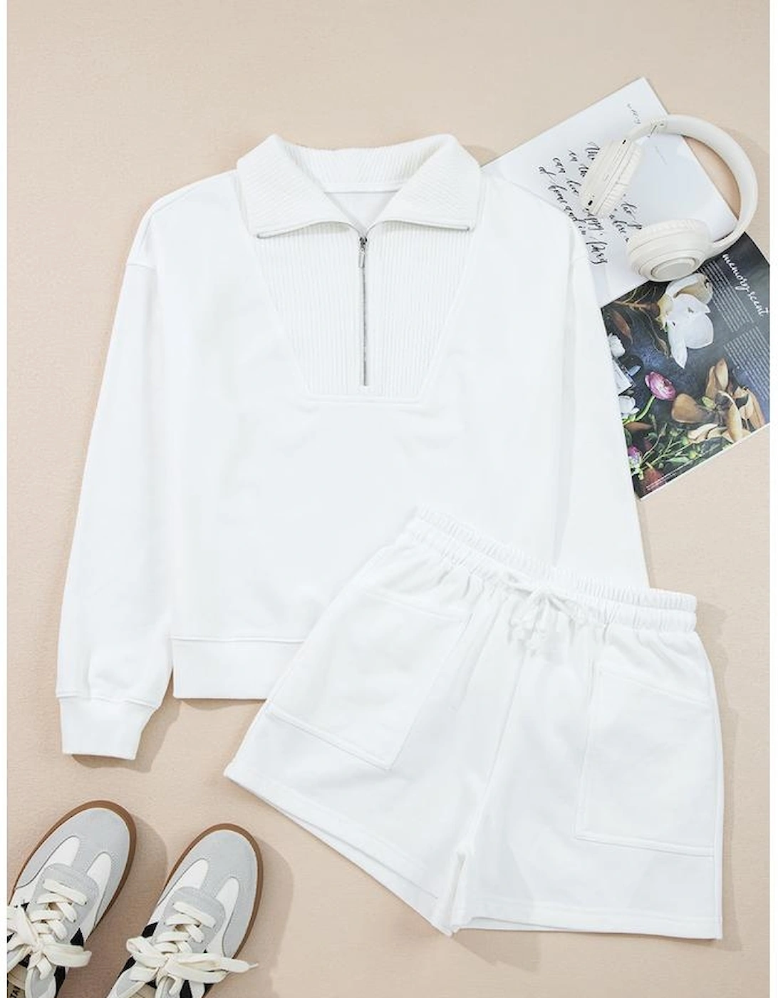 White Ribbed Collar Drop Shoulder Sweatshirt and Shorts Set