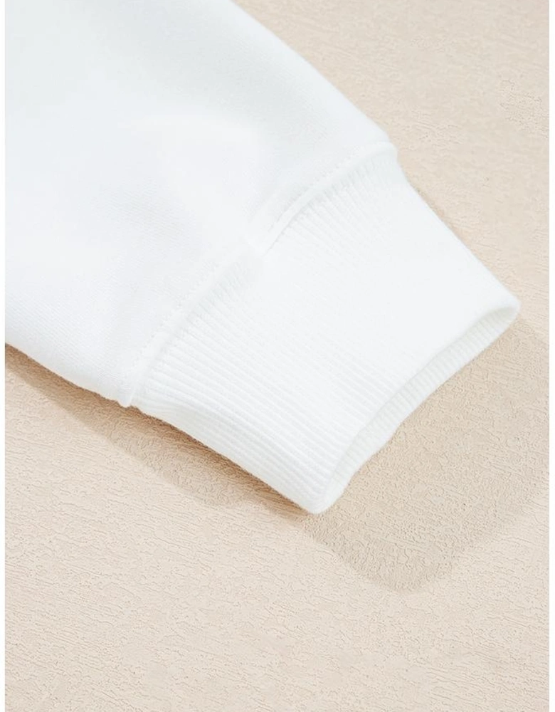 White Ribbed Collar Drop Shoulder Sweatshirt and Shorts Set