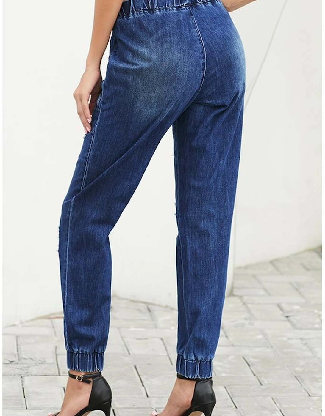 Blue Distress Drawstring Pocketed Joggers