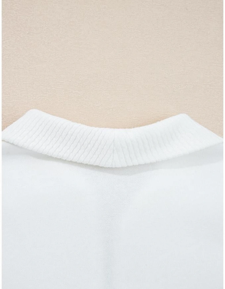White Ribbed Collar Drop Shoulder Sweatshirt and Shorts Set