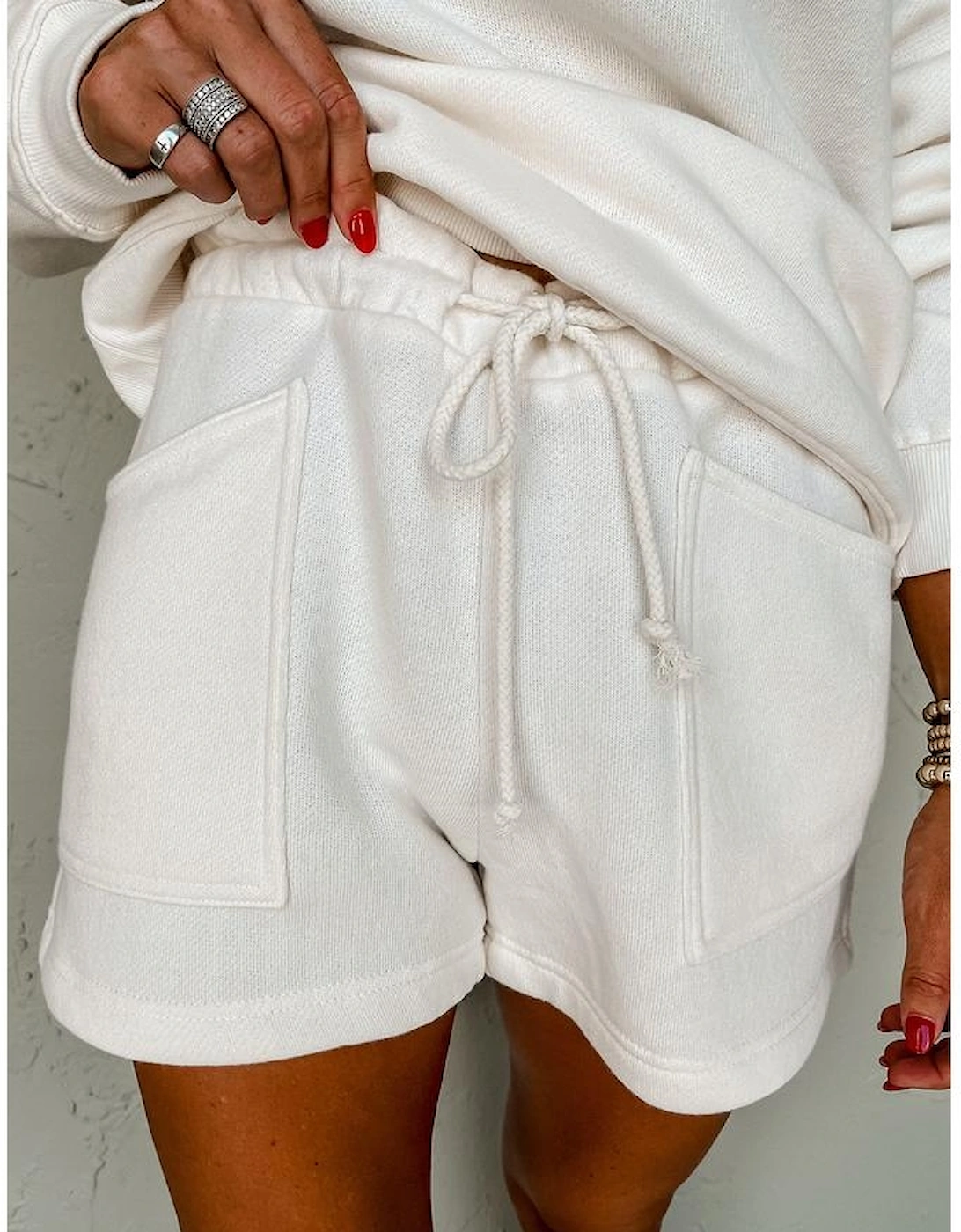 White Ribbed Collar Drop Shoulder Sweatshirt and Shorts Set