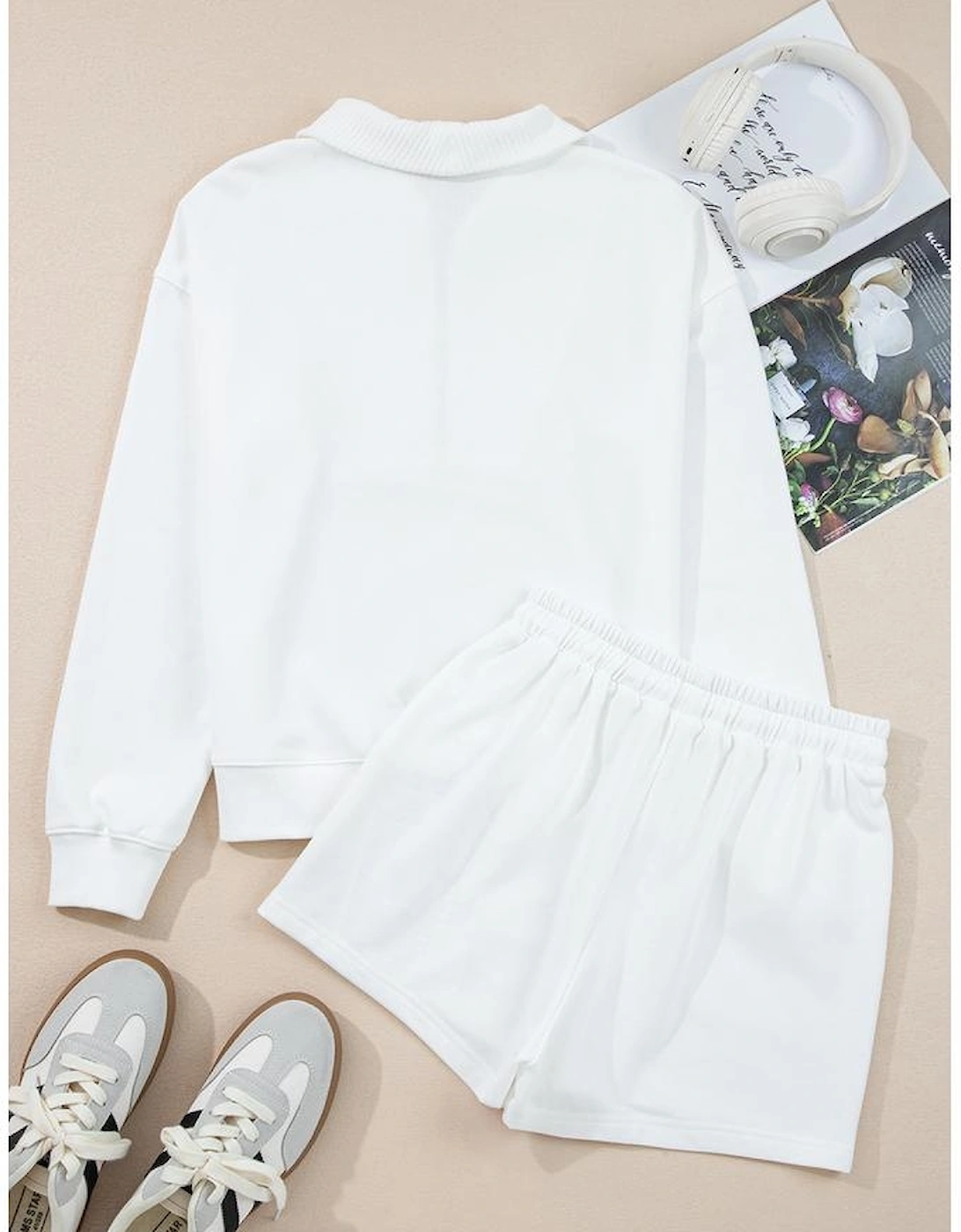White Ribbed Collar Drop Shoulder Sweatshirt and Shorts Set