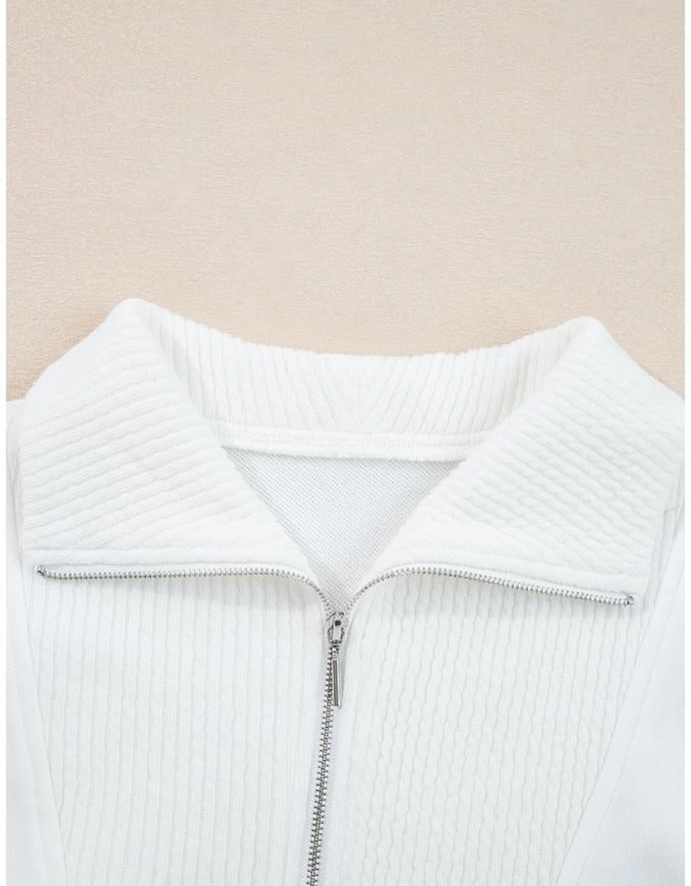 White Ribbed Collar Drop Shoulder Sweatshirt and Shorts Set