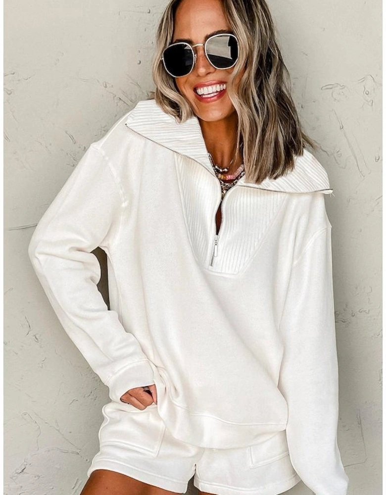 White Ribbed Collar Drop Shoulder Sweatshirt and Shorts Set