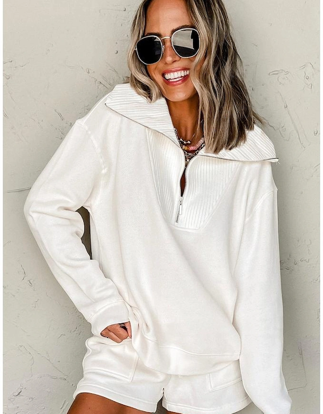 White Ribbed Collar Drop Shoulder Sweatshirt and Shorts Set