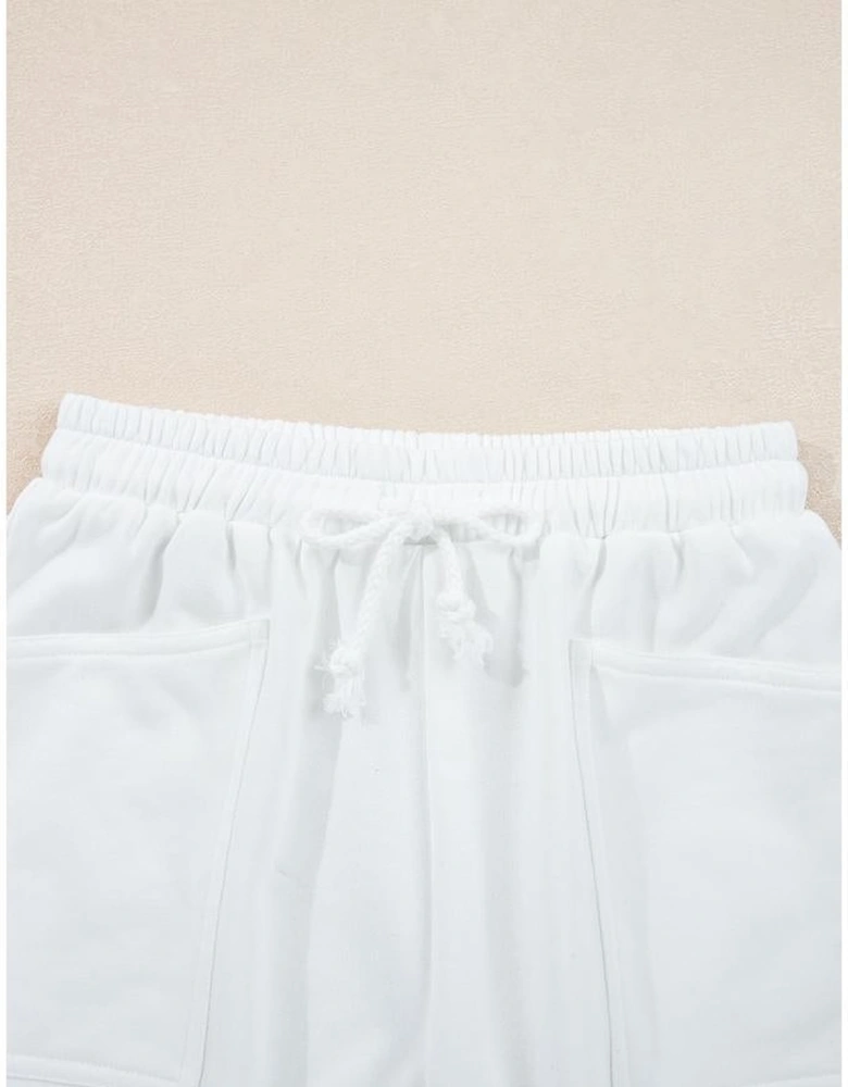 White Ribbed Collar Drop Shoulder Sweatshirt and Shorts Set