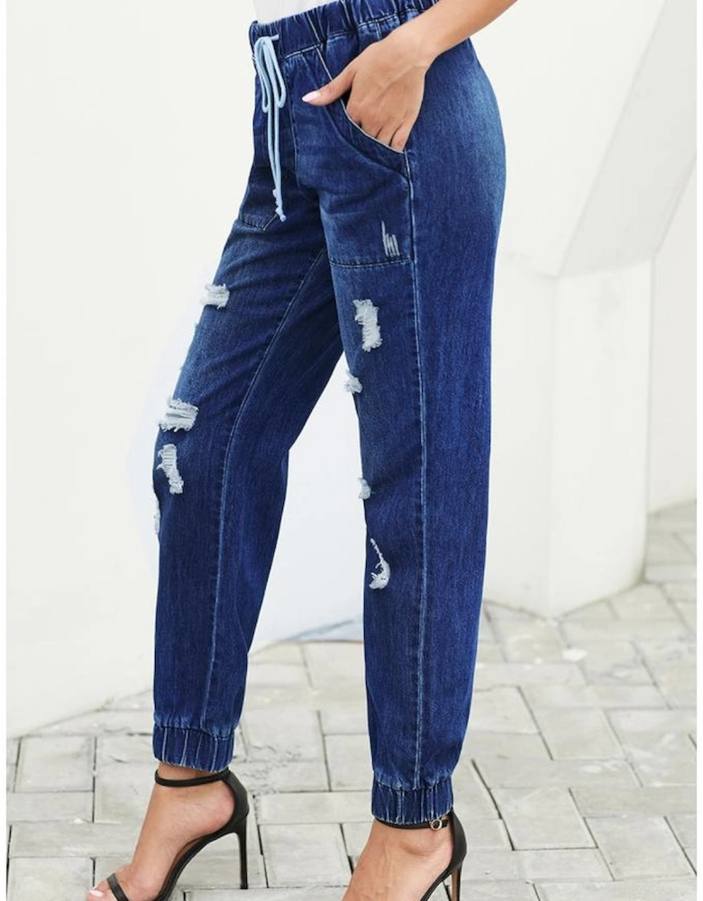 Blue Distress Drawstring Pocketed Joggers