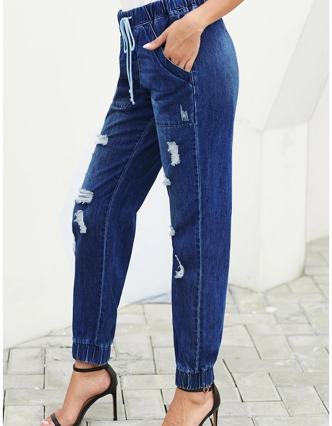 Blue Distress Drawstring Pocketed Joggers