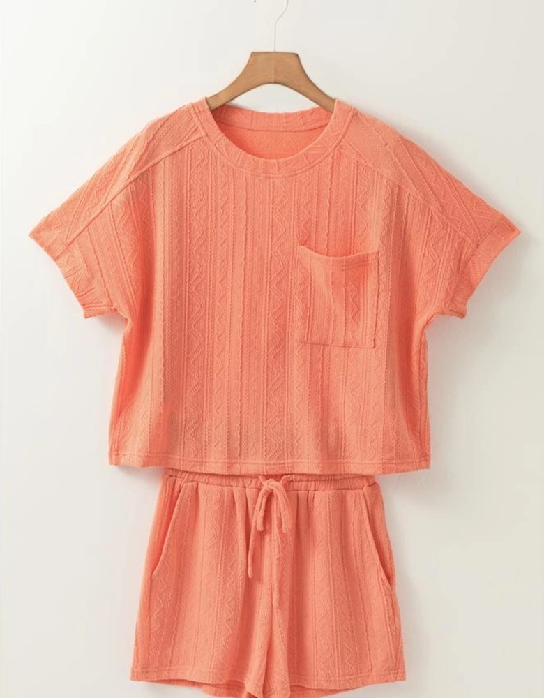 Pale Chestnut Textured Patched Pocket Short Sleeve Top Drawstring Shorts Set