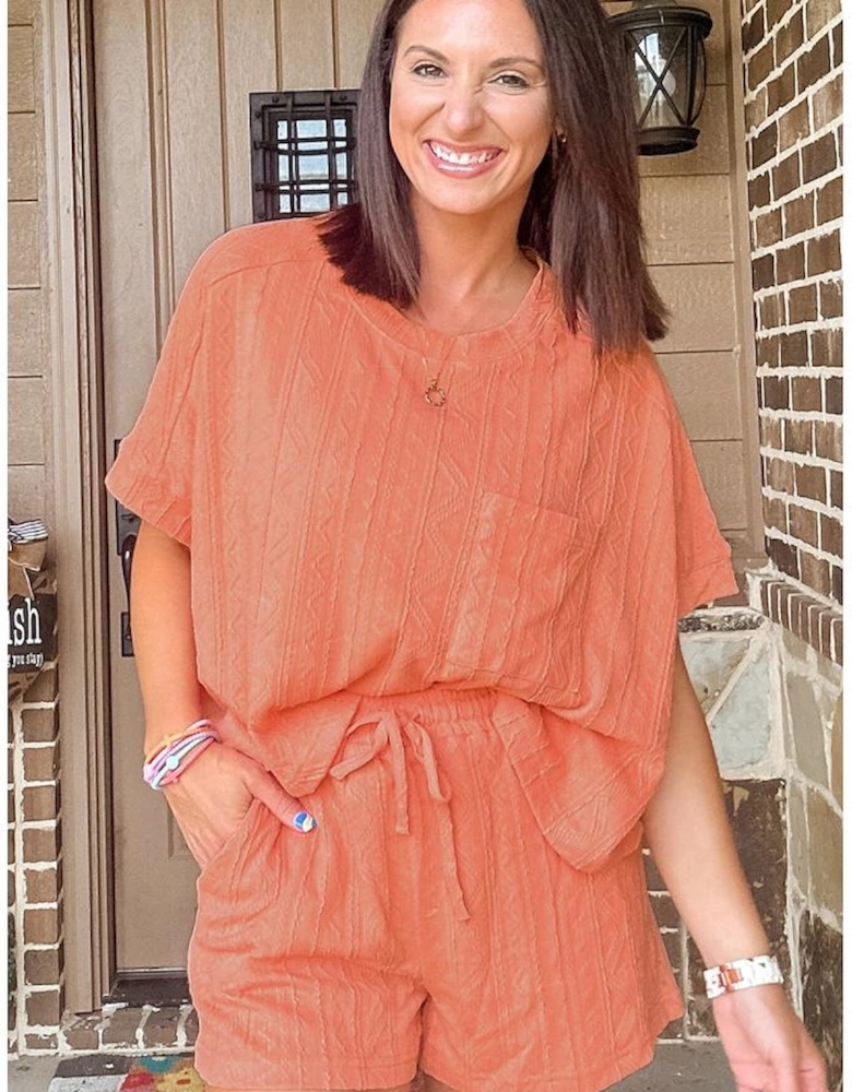 Pale Chestnut Textured Patched Pocket Short Sleeve Top Drawstring Shorts Set