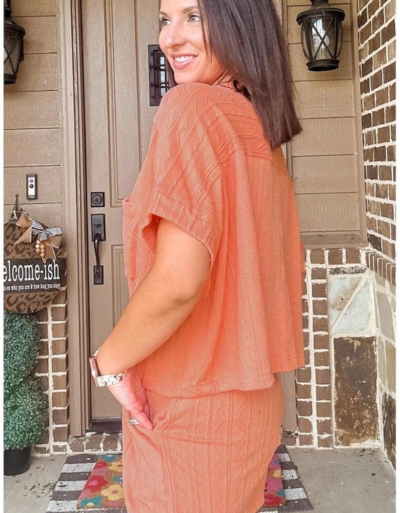 Pale Chestnut Textured Patched Pocket Short Sleeve Top Drawstring Shorts Set