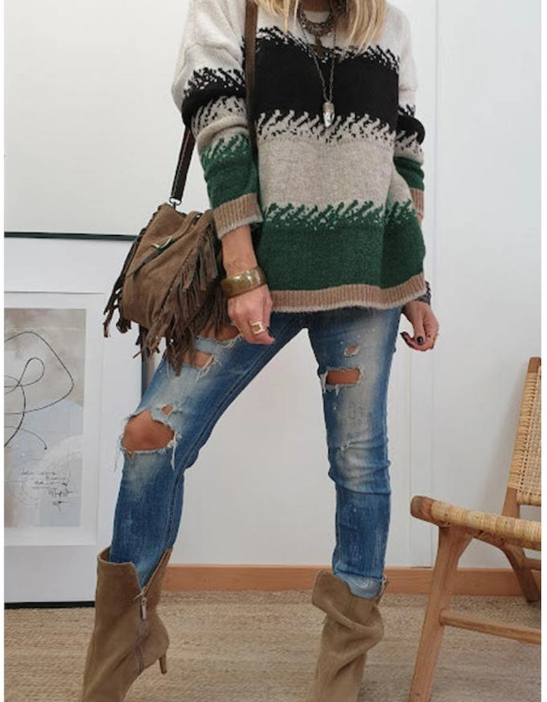 Black Stylish Color Block Pattern Drop Shoulder Sweater