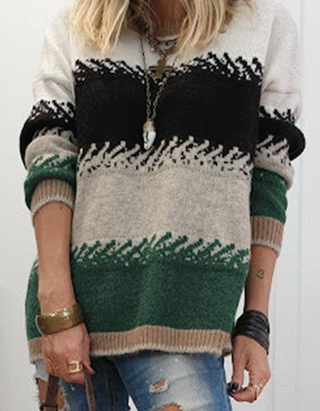 Black Stylish Color Block Pattern Drop Shoulder Sweater